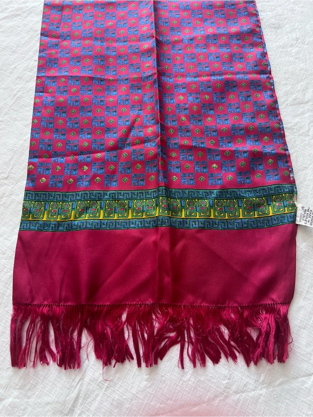 Vintage Unisex Republic of China 100% Silk Hand Printed Fringe Scarf 11 x 50